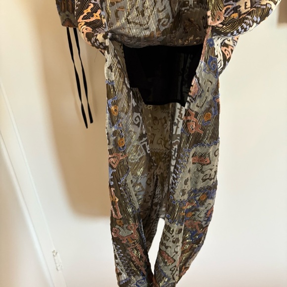 TOPSHOP Women Size 2 Floral Velvet 70s Style Front Slits Midi Dress Gold Fairy - Picture 14 of 14